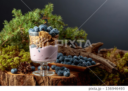 Blueberry dessert with rye flakes and fresh berries. Blueberry dessert with rye flakes and fresh berries. 136946493