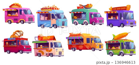 Street food trucks, vintage festival foodtrucks of vector fish and chips, potato fries tornado and popcorn, beer and dumpling vendors. Cartoon grilled corn, wok and waffle dessert food trucks set 136946613