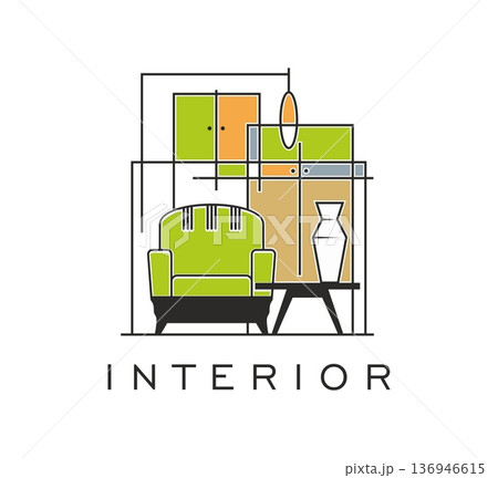 Home interior outline icon of decor store. House room interior decor shop vector label, apartment design atelier badge. Home furniture store icon with green armchair, cabinet and white vase on table 136946615