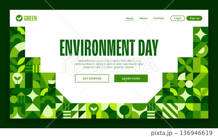 Environment day landing page with geometric Bauhaus pattern. Planet nature protection initiative vector website, environment day webpage. Ecology save campaign landing page with Bauhaus green shapes Environment day landing page with geometric Bauhaus pattern. Planet nature protection initiative vector website, environment day webpage. Ecology save campaign landing page with Bauhaus green shapes 136946619