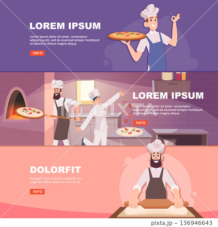 Pizza chef. banners with cooking food in pizzeria. vector template with print design banners Pizza chef. banners with cooking food in pizzeria. vector template with print design banners 136946643