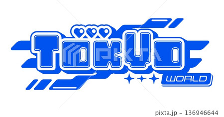 Blue Y2K streetwear Tokyo icon or print. Apparel typography vintage print, clothing text retro isolated vector label element. Streetwear futuristic Y2K emblem or brand graphic funky icon 136946644