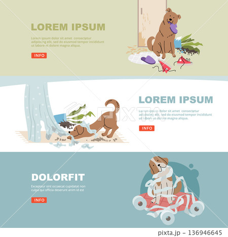 Pets mess. dog destroyed house items. vector banners Pets mess. dog destroyed house items. vector banners 136946645