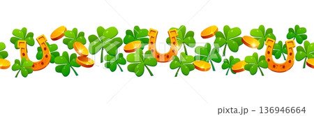 Happy St Patrick's day border frame with lucky horseshoe, shamrock clover leaves and golden coins. Ireland holiday vector frame border. Saint Patrick separator line with horseshoe, clovers and coins Happy St Patrick's day border frame with lucky horseshoe, shamrock clover leaves and golden coins. Ireland holiday vector frame border. Saint Patrick separator line with horseshoe, clovers and coins 136946664