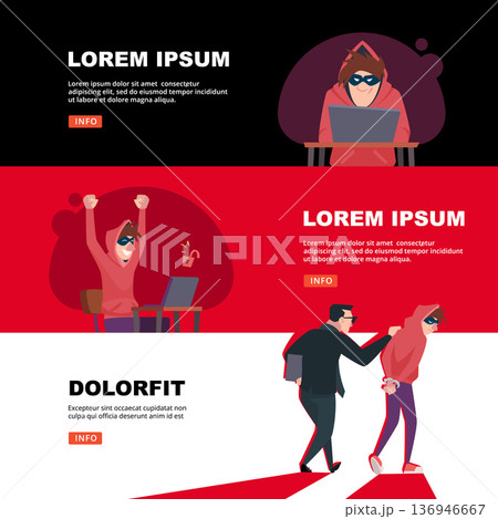 Hacker. firewall hack on pc cyber thief. vector horizontal banners with place for personal text Hacker. firewall hack on pc cyber thief. vector horizontal banners with place for personal text 136946667