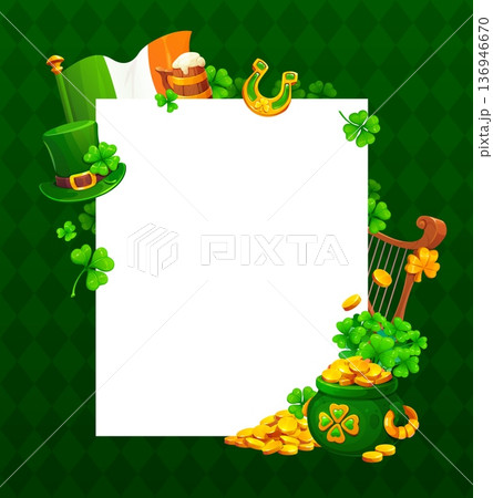 Happy St Patrick's day holiday greeting card frame. March party vector greeting card, Saint Patrick holiday invitation or banner border with leprechaun hat, Ireland flag and horseshoe, pot with gold 136946670