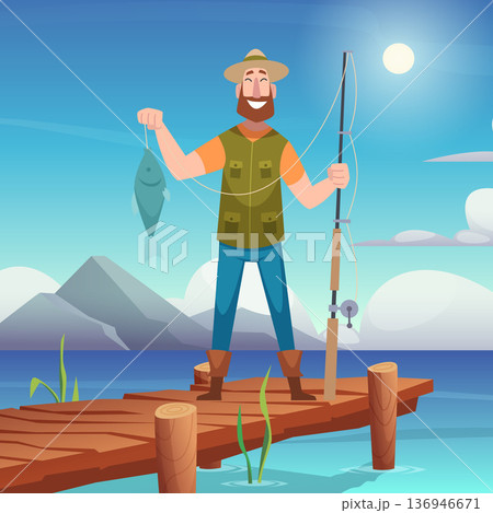 Fisherman. happy character standing on bridge with fishing rod. vector background sea landscape Fisherman. happy character standing on bridge with fishing rod. vector background sea landscape 136946671