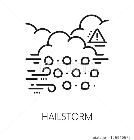 Hailstorm natural disaster, cataclysm line icon. Environmental destruction accident thin line pictogram, natural disaster vector icon. Hailstorm destruction symbol with ice hails, wing and clouds 136946673