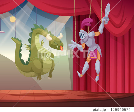 Dolls on strings. fairytale entertainment puppet shows knight fight with dragon 136946674