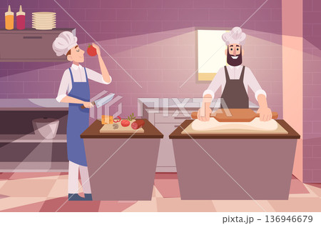 Chef restaurant. cooking characters preparing pizza in restaurant cuisine. vector cartoon background Chef restaurant. cooking characters preparing pizza in restaurant cuisine. vector cartoon background 136946679