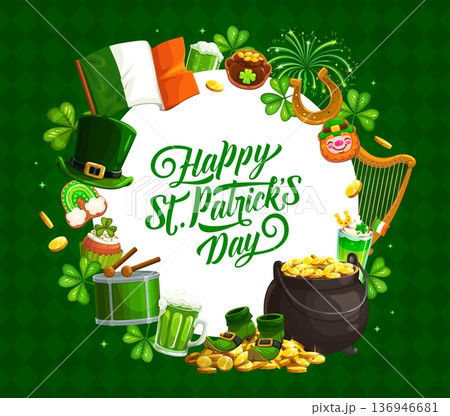 Happy St Patrick s banner. Irish holiday celebration flyer with Ireland flag, leprechaun hat and gold pot, beer, clover leaf. Spring season party vector banner, Saint Patrick holiday card. Happy St Patrick s banner. Irish holiday celebration flyer with Ireland flag, leprechaun hat and gold pot, beer, clover leaf. Spring season party vector banner, Saint Patrick holiday card. 136946681