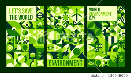 Environment posters with geometric Bauhaus pattern. Nature ecosystem protection graphic Bauhaus abstract shapes vector banner. Ecology, environment saving posters, flyers with green geometric pattern 136946690
