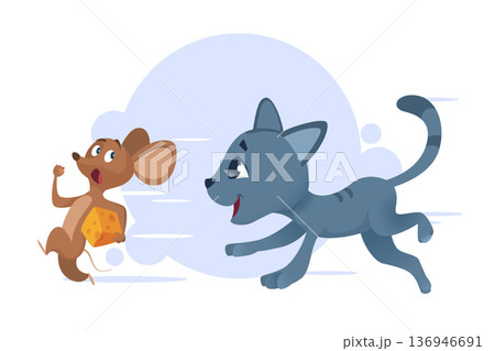 Cat and mouse. happy kitten running to mouse. vector concept background 136946691