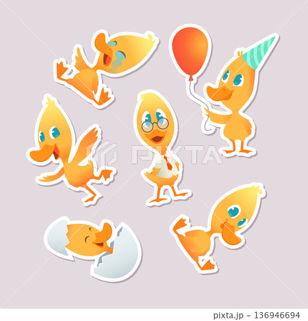 Cartoon duck. little chicken characters in action poses. sticker design template Cartoon duck. little chicken characters in action poses. sticker design template 136946694