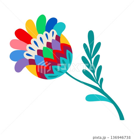 Mexican folklore print abstract flower object with rainbow colors bud petals. Mexico ethnic floral decoration, Hispanic plant vector element. Mexican folk flower isolated object or decor Mexican folklore print abstract flower object with rainbow colors bud petals. Mexico ethnic floral decoration, Hispanic plant vector element. Mexican folk flower isolated object or decor 136946738