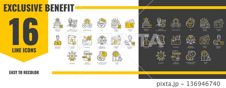 Exclusive benefit loyalty and coupon icons, gift and reward, prize and VIP offer pictograms. Vector line special benefits icons set of bonus star, money voucher, loyalty card, premium member discount Exclusive benefit loyalty and coupon icons, gift and reward, prize and VIP offer pictograms. Vector line special benefits icons set of bonus star, money voucher, loyalty card, premium member discount 136946740
