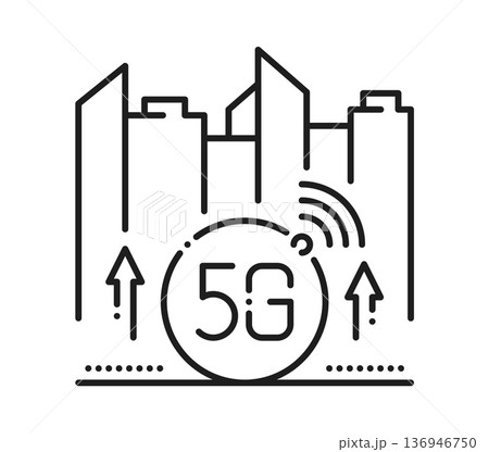 5G wireless city network tech line icon or sign. Wireless communication linear sign, fast speed network thin line vector icon. 5G transmission symbol or pictogram with digital city skyscrapers 5G wireless city network tech line icon or sign. Wireless communication linear sign, fast speed network thin line vector icon. 5G transmission symbol or pictogram with digital city skyscrapers 136946750