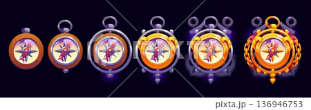 Sea compass game rank badge, wind rose award and progress medal, vector UI icons set. Cartoon vintage nautical compasses game level rank badges and winner awards with gold arrows, chains and anchors