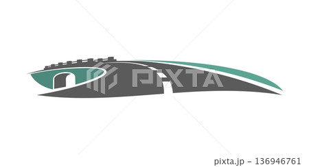 Highway path bridge graphic icon or badge. Freeway bridge company symbol, logistics business pathway isolated vector sign. Road construction industry emblem or highway road icon Highway path bridge graphic icon or badge. Freeway bridge company symbol, logistics business pathway isolated vector sign. Road construction industry emblem or highway road icon 136946761