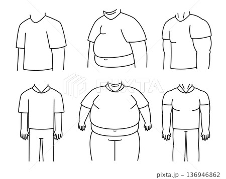 Collection of male body types and shapes vector illustration featuring thin average overweight muscular in t-shirt and pants standing poses 136946862