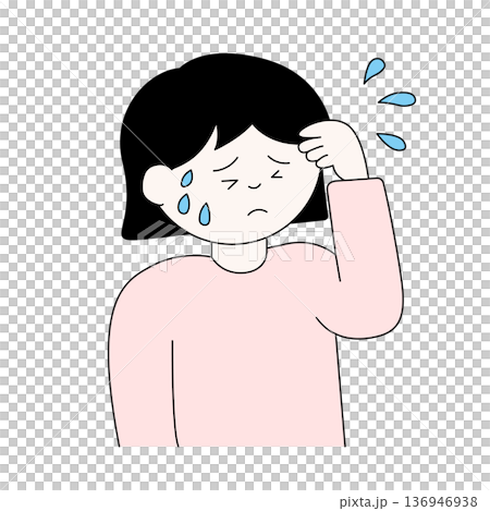 Color illustration of a young woman with an anxious expression and cold sweat 136946938