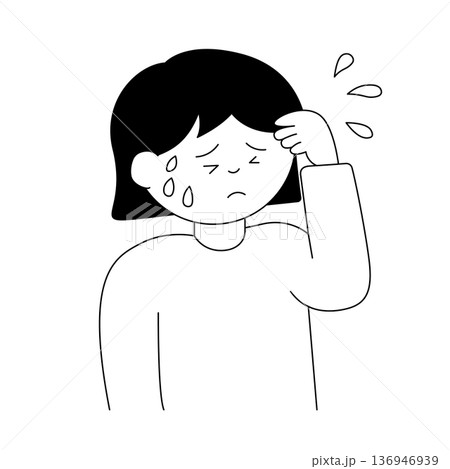 冷や汗をかいて不安そうに悩む女性のモノクロイラスト 136946939