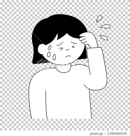 冷や汗をかいて不安そうに悩む女性のモノクロイラスト 136946939