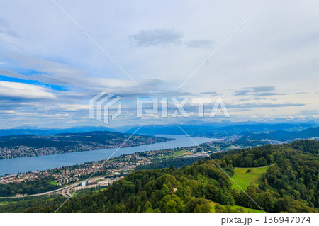 Aerial panorama of Zurich city and Lake Zurich from the Uetliberg mountain, Switzerland 136947074