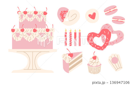Cute Pink Dessert Set — Cake, Donuts, Macarons and Sweets Vector Illustration Cute Pink Dessert Set — Cake, Donuts, Macarons and Sweets Vector Illustration 136947106
