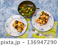 Baked Casserole of Broccoli with Chicken and Vegetables an Salad of Iceberg Lettuce. 136947290