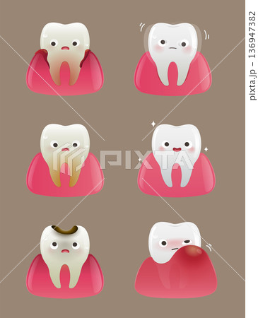 Cartoon Tooth Characters Showing Common Dental Problems 136947382