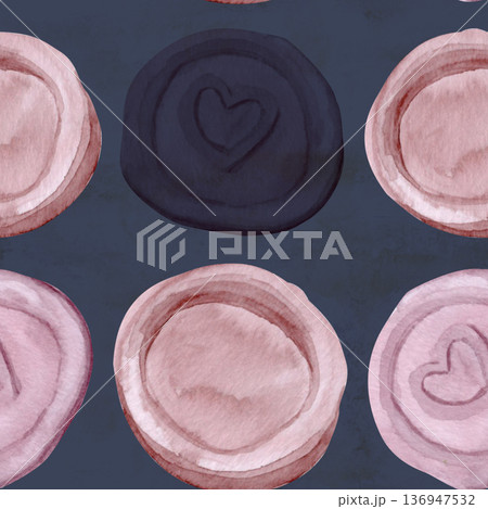 Wax seal subtle heart seamless watercolor pattern on dark background. Hand-painted clipart perfect for wedding stationery, branding, invitations, romantic design projects. Blush tones organic texture Wax seal subtle heart seamless watercolor pattern on dark background. Hand-painted clipart perfect for wedding stationery, branding, invitations, romantic design projects. Blush tones organic texture 136947532