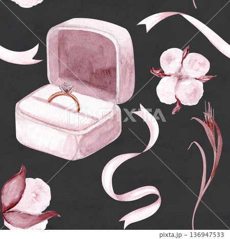 Open ring box, engagement ring, cotton flowers, flowing ribbon. Hand painted seamless watercolor pattern on dark background. Perfect for wedding stationery, textile, fabric, surface design. Blush tone 136947533
