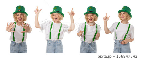 Young woman enjoys St Patricks Day festivities, isolated, PNG 136947542