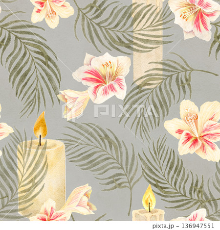 Lilies, palm leaves and candles, hand-painted seamless watercolor pattern with neutral tones on gray, elegant decorative background for textile, wallpaper, packaging, branding, modern surface design 136947551