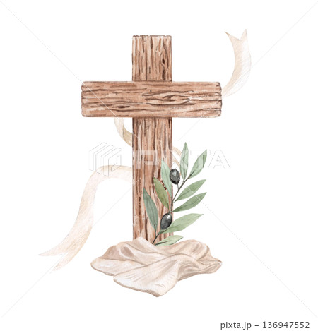 Wooden cross with olive branch, linen cloth and ribbon watercolor illustration on white. Christian composition, copy space for church publications, posters, cards, invitations, presentations, designs 136947552