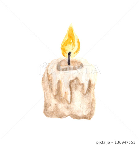 Short candle with melted wax watercolor illustration isolated on white. Ideal Christian design, church media, devotional, spiritual content. Symbol of prayer, silence, inner reflection during Lent 136947553