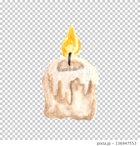 Short candle with melted wax watercolor illustration isolated on white. Ideal Christian design, church media, devotional, spiritual content. Symbol of prayer, silence, inner reflection during Lent 136947553