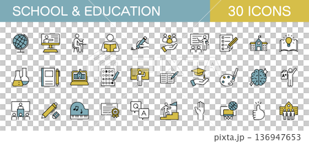 學校和教育線條圖示集（彩色） 136947653