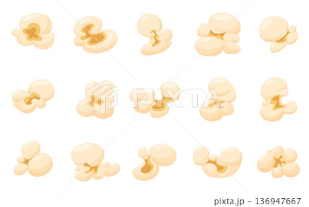 Cartoon popcorn grains. Cinema snack, kernels popcorns for watching tv at home or movie theater. Salty, sweet snacks for entertainment time, nowaday vector grain Cartoon popcorn grains. Cinema snack, kernels popcorns for watching tv at home or movie theater. Salty, sweet snacks for entertainment time, nowaday vector grain 136947667