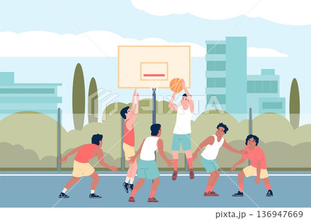 Outdoor basketball match. Male athletes workout, street game championship or tournament. Men team in uniform play with ball, recent vector scene 136947669