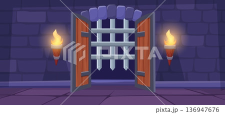 Iron grate and open door in medieval dungeon. Castle or palace underground area, fortress prison. Stone wall with fire torches, vector background Iron grate and open door in medieval dungeon. Castle or palace underground area, fortress prison. Stone wall with fire torches, vector background 136947676