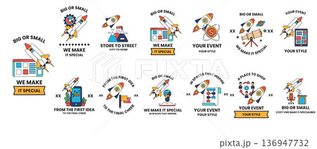 The icons include a rocket, a person, a computer, a clock, a book, a cell phone 136947732