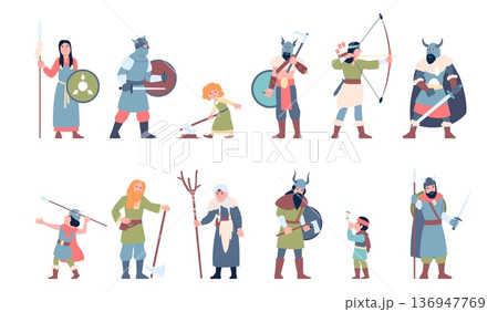 Vikings characters. Medieval men women and children wearing traditional warrior clothes. Scandinavian people, wear, armor, helmets, recent vector set Vikings characters. Medieval men women and children wearing traditional warrior clothes. Scandinavian people, wear, armor, helmets, recent vector set 136947769