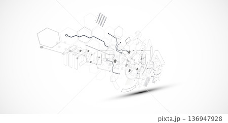 Technological background in gray colors. Used technical lines and a pattern of squares with different shades of gray. Technological background in gray colors. Used technical lines and a pattern of squares with different shades of gray. 136947928