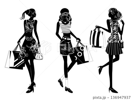 女性、シルエット、ショッピング 136947937