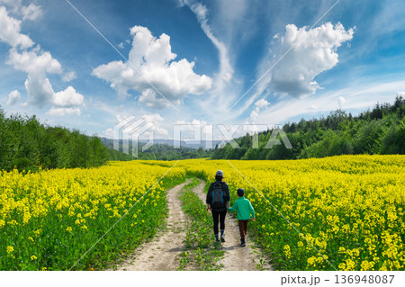 Mom and son walking along dirt road through blooming yellow rapeseed field 136948087