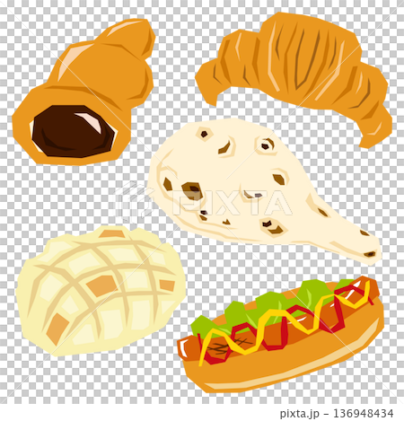 巧克力甜筒、羊角麵包、蜜瓜麵包、馕餅、熱狗麵包套裝向量圖 136948434