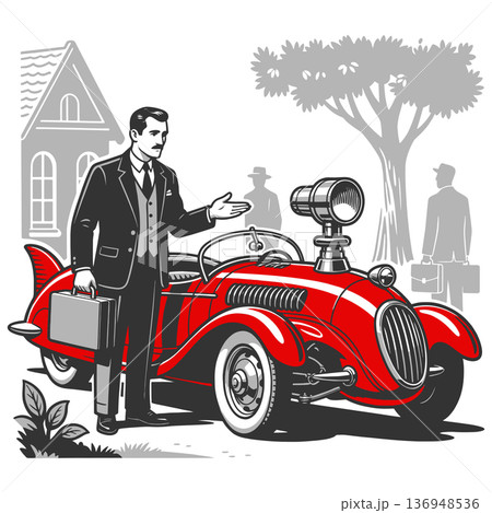 Gentleman Red Classic Car engraving sketch raster Gentleman Red Classic Car engraving sketch raster 136948536