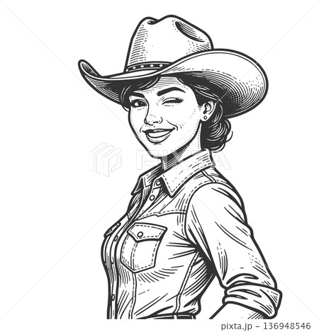Smiling Cowgirl in Western Hat raster illustration 136948546